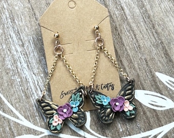 Floral Butterfly Earrings- handmade and lightweight polymer clay earrings