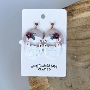 Vintage Christmas Santa Earrings- Green and Gold Floral Holiday Jewelry- Handmade Polymer Clay