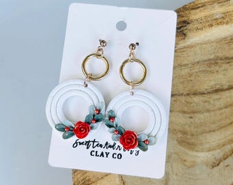 Christmas Wreath- Red and Gold Floral Holiday Earrings- Handmade Polymer Clay