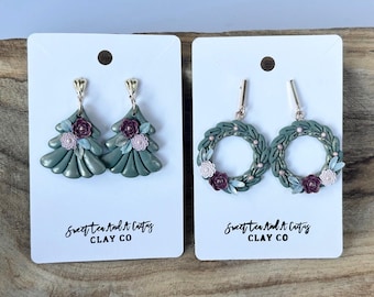 Christmas Tree or Wreath Earrings- Green and Gold Floral Holiday Jewelry- Handmade Polymer Clay