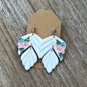 White Floral Drop Earrings- handmade and lightweight polymer clay earrings