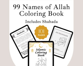 Islamic Coloring Book 99 Names Allah, Cover and Shahada page, 101-pages PDF instant download, Arabic, Transliteration, English meaning