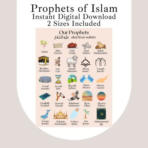 Prophets of Islam Instant Digital Download 2 JPEG Files 8"x10" and 18"x24", Printable DIY Frame, Islam Decor, Islam Nursery, Islam Education