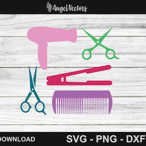 Può includere: Una grafica digitale con strumenti per parrucchieri. L'immagine include un asciugacapelli rosa, forbici verdi, forbici teal, una piastra rosa e un pettine viola. È incluso anche il testo "DIGITAL DOWNLOAD" e "SVG - PNG - DXF - PDF".