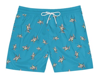 A Shiver of Sharks Blue Swimming Trunks The Trendy Swimmer Men's Mid-Length Swim Shorts (AOP)