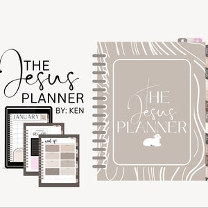 May include: A beige planner with a white lamb and the text "The Jesus Planner" on the cover. The planner has a spiral binding and a set of colorful tabs. The planner is designed for organizing and scheduling.