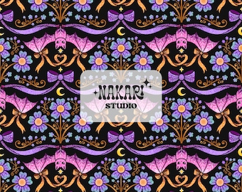 Gothic Floral Bat Seamless Pattern – Cute Halloween Digital Paper – Spooky Pink Fabric for Sublimation & Crafts