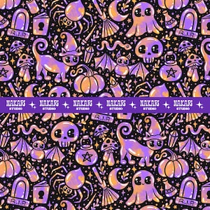Patrón Halloween sin costuras – Fantasmas, gatos y calabazas en tonos pastel – Papel digital kawaii para tela, scrapbooking y sublimación