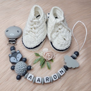 Pacifier chain with name fox with cloud gray light gray