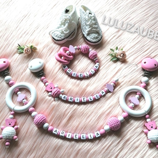 Pacifier chain, grasping toy, stroller chain in a set, bear, pink and white