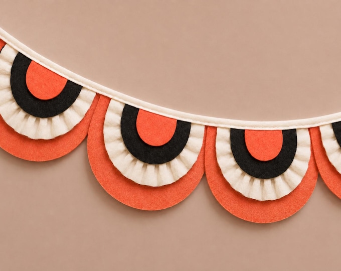 Handmade Halloween Felt Fan Garland, Orange Black Scallop Bunting, Vintage Fall Decor