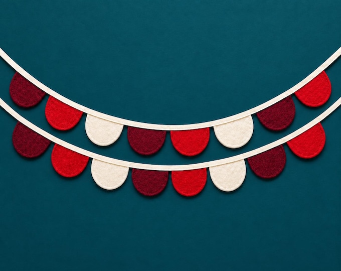 Candy Cane Felt Scallop Garland, Burgundy Red White Christmas Mantel Decor