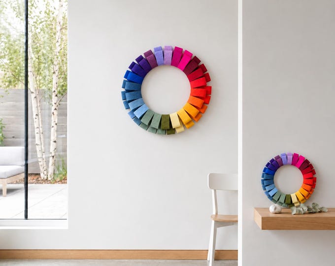 Handmade Rainbow Wool Felt Loop Wreath, Sculptural Door Decor (12-24 Inch)