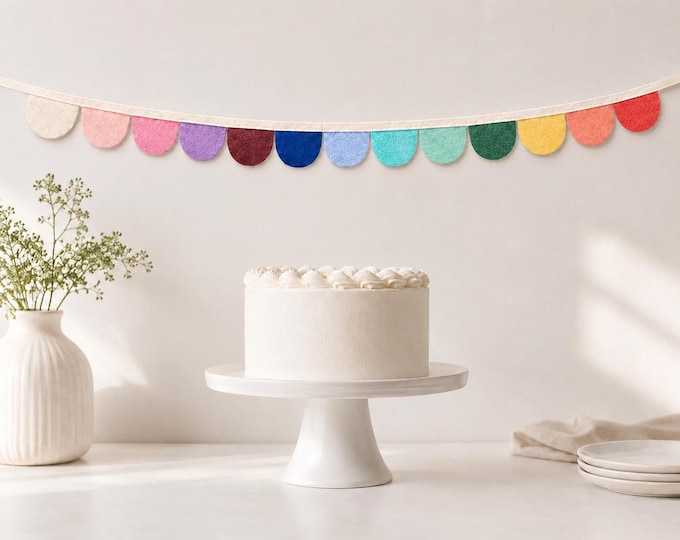 Modern Candy Rainbow Scallop Garland – Felt Birthday Banner, Kids Room Decor, Nursery Wall Hanging