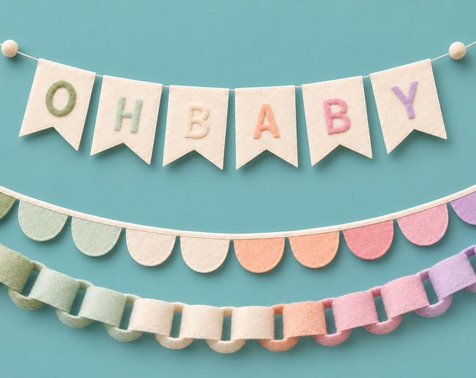 Latte Baby Shower Decor Set, OH BABY Felt Banner, Ombré Scallop and Chain Garlands