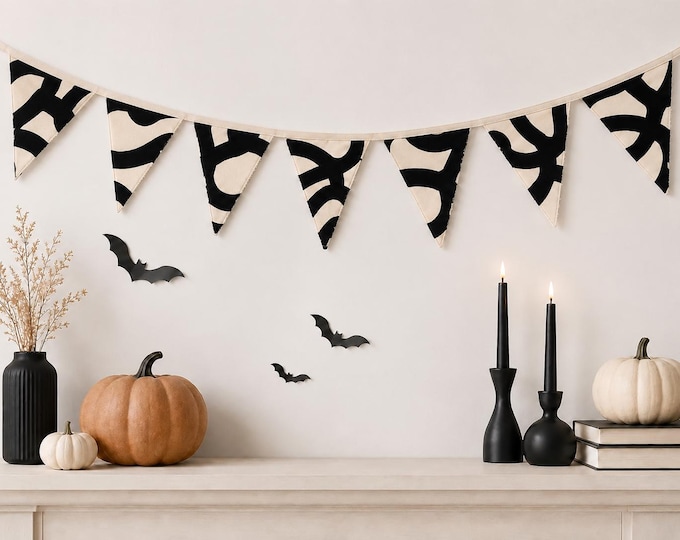 Marimekko Joonas Fabric Bunting, Black White Halloween Garland, Scandinavian Mantel Decor