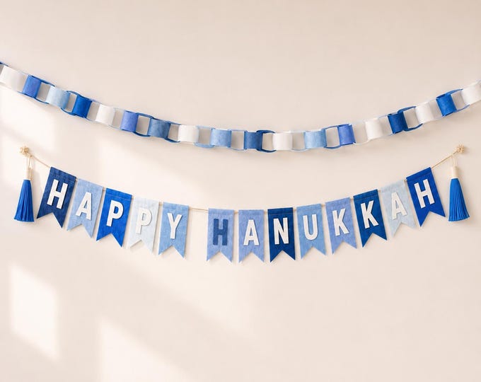 Handcrafted Felt Hanukkah Garland and Banner Set, Blue White Palette
