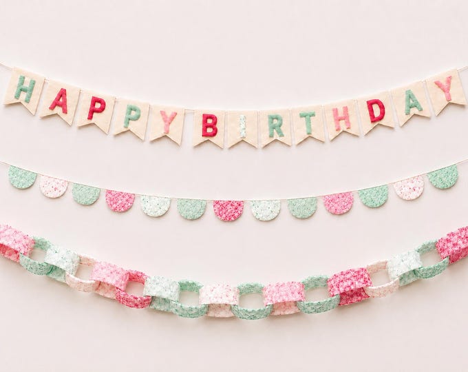 Speckled Felt Birthday Decor, Happy Birthday Banner, Chain, Scallop Garland or Set