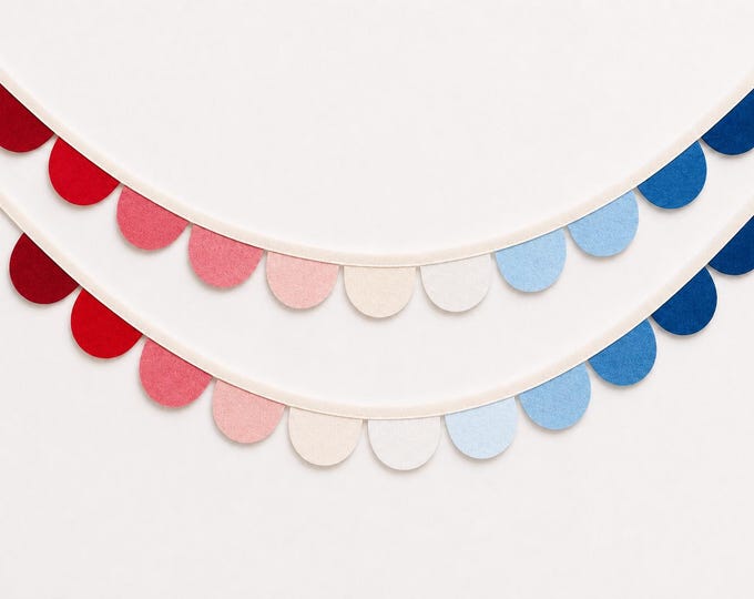 Red White Blue Ombré Scallop Garland, Patriotic Felt Bunting Decor