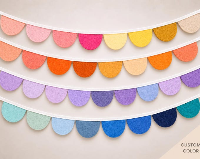 Custom Color Felt Scallop Garland, Nursery Wall Bunting, Rainbow Birthday Party Decor