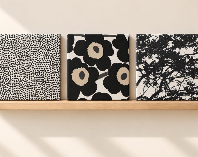 Marimekko Fabric Wall Art Panel, 13.25" Scandinavian Textile Art, Black White Decor