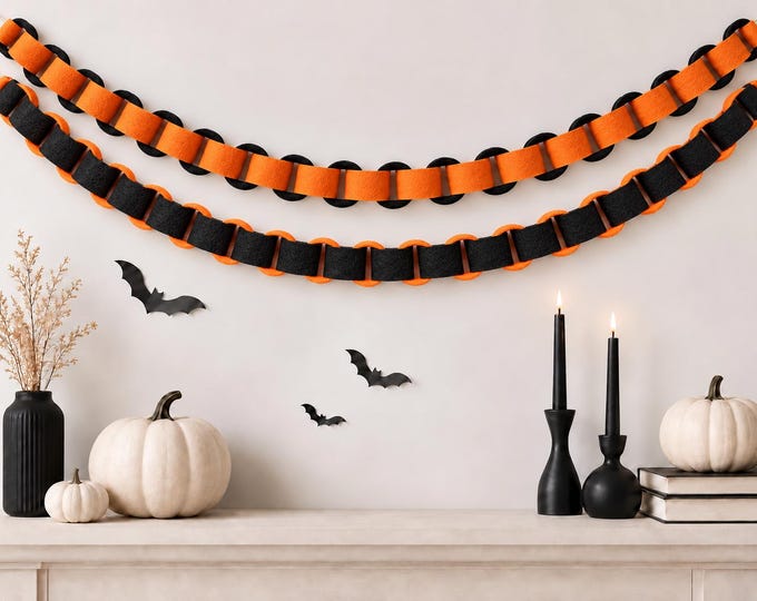 Black + Sunburst Orange Felt Chain Garland, Halloween Party Decor, Mantel Garland, Fall Birthday Backdrop
