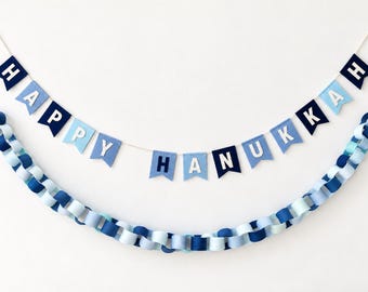 Handcrafted Felt Hanukkah Garland and Banner Set, Blue White Palette