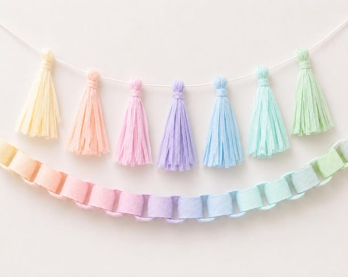 Pastel Rainbow Felt Garlands, Chain or Tassel Party Decor, Unicorn Birthday & Baby Shower