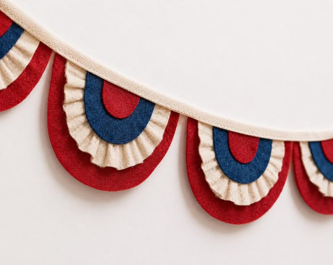 Patriotic Felt Fan Garland, Red Cream Blue Scallop Bunting for Fourth of July Decor