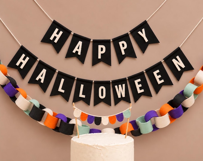 Vintage Halloween Decor Set, Happy Halloween Felt Banner, Felt Chain Garland, Scallop Cake Topper, Black Orange Purple Mint