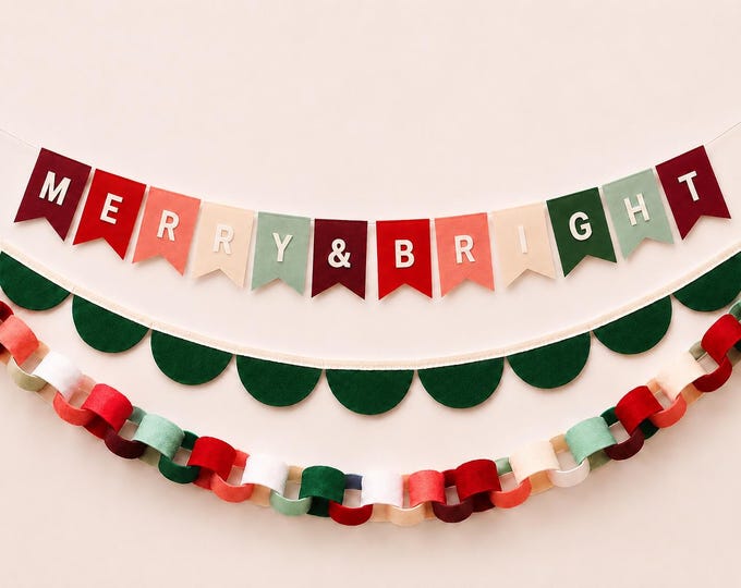 Colorful Felt Christmas Garland Set, Merry & Bright Banner and Scallop Bunting