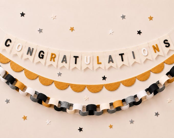Neutral Felt Graduation Garland Set, Congratulations Banner and Party Backdrop