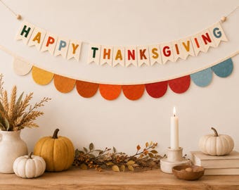 Happy Thanksgiving Banner and Fall Scallop Garland, Autumn Mantel Decor