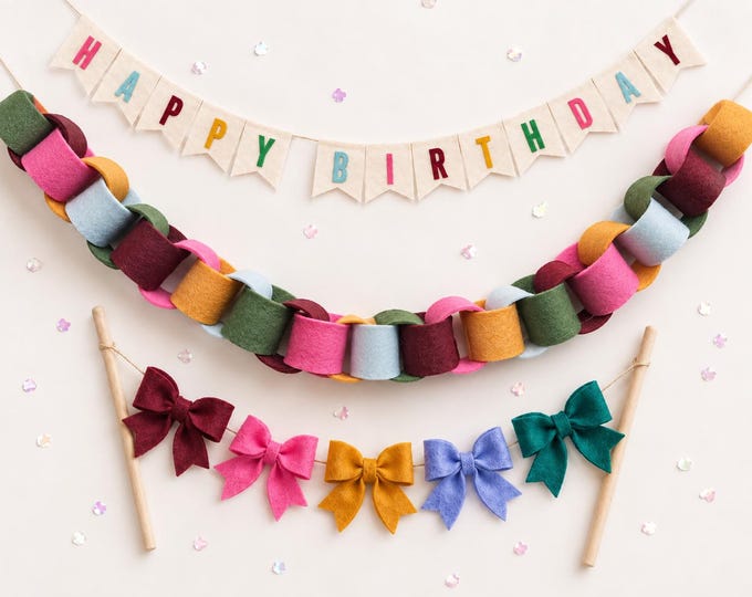 Rainbow Felt Birthday Banner, Chain Garland, Cake Topper Set (Wool-Blend)