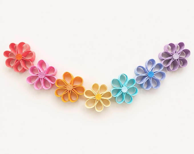Felt Flower Garland, Choose Rainbow or Solid Color, Baby Shower Nursery & Birthday Decor