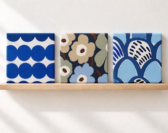 Marimekko Fabric Wall Art, One 6x6 Mini Textile Panel, Choose Nordic Blue Pattern
