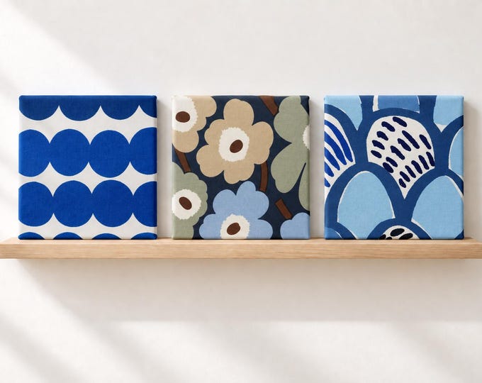 Marimekko Fabric Wall Art, One 6x6 Mini Textile Panel, Choose Nordic Blue Pattern