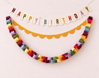Muted Rainbow Birthday Decor, Happy Birthday Banner, Felt Chain, Scallop Garland or Set