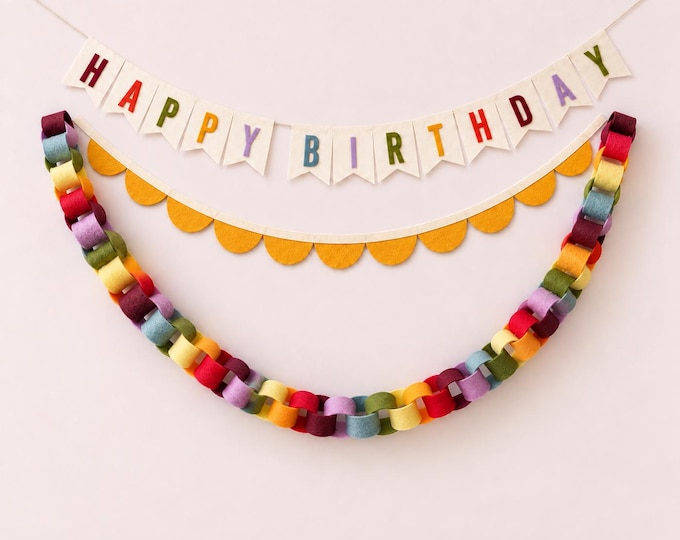 Muted Rainbow Birthday Decor, Happy Birthday Banner, Felt Chain, Scallop Garland or Set