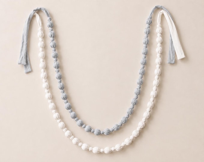 Fabric-Wrapped Wood Bead Garland, Snow White or Gray Chambray, 2–8 Ft Mantel, Shelf & Nursery Decor