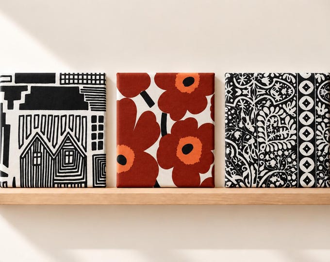 Marimekko Archive Canvas, Black + White Textile Wall Art, 6x6 Modern Neutral Gallery Panel