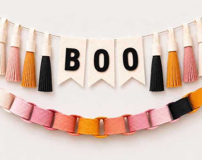 BOO High Chair Banner Set, First Halloween Decor, Felt Banner + Chain + Scallop Garland, Vintage Halloween Party Decor