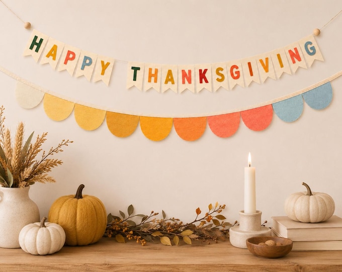 Happy Thanksgiving Banner and Fall Scallop Garland, Autumn Mantel Decor