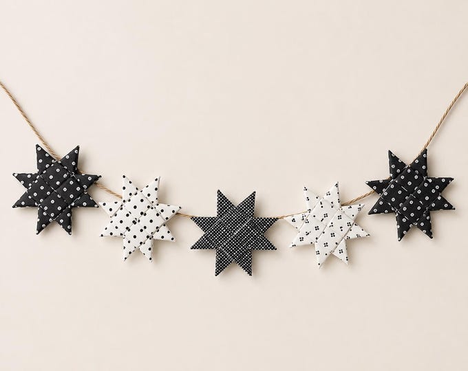 Black White Marimekko Paper Star Garland - 3, 5 or 7 Stars, Scandinavian Wall Decor