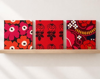 Marimekko Textile Wall Art, 6x6 Red Mini Fabric Panel, Scandinavian Decor