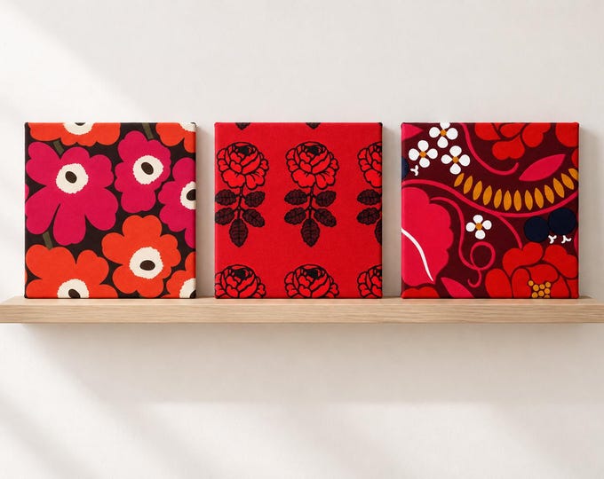 Marimekko Textile Wall Art, 6x6 Red Mini Fabric Panel, Scandinavian Decor
