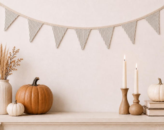 Grey Marimekko Fabric Bunting – Neutral Fall Garland, Thanksgiving Mantel Decor