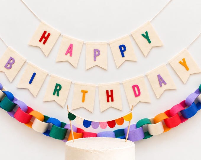 Rainbow Birthday Decor Set, Happy Birthday Felt Banner, Felt Chain Garland, Scallop Cake Topper, Colorful Party Decor
