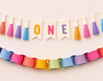 First Birthday Felt Garland Set – ONE High Chair Banner, Rainbow Chain & Scallop Bunting
