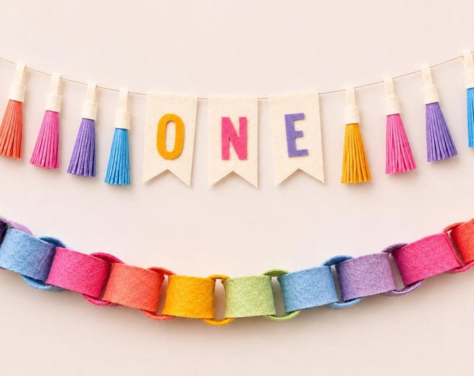 First Birthday Felt Garland Set – ONE High Chair Banner, Rainbow Chain & Scallop Bunting